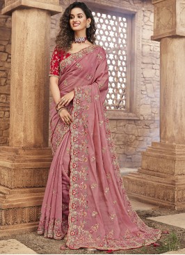 Mauve Color Organza Thread Work Saree