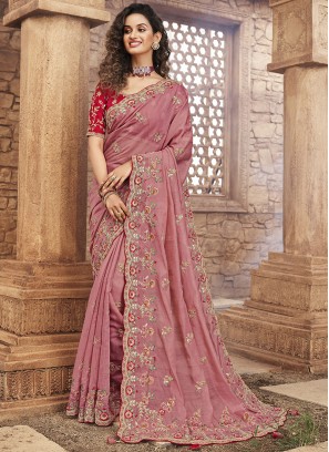 Mauve Color Organza Thread Work Saree