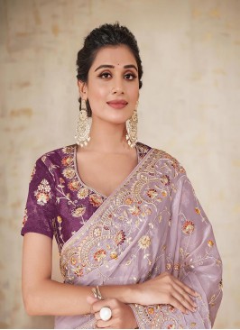 Mauve Colour Flora Embroidery Work Saree