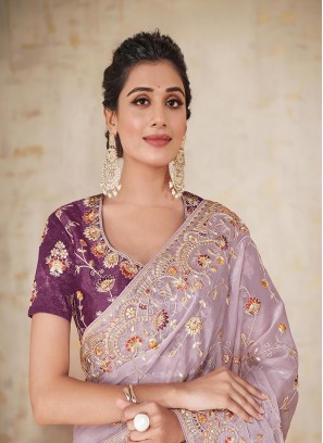 Mauve Colour Flora Embroidery Work Saree