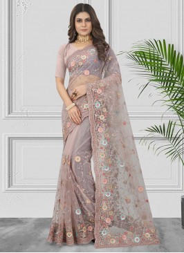 Mauve  Embroidered Net Contemporary Style Saree