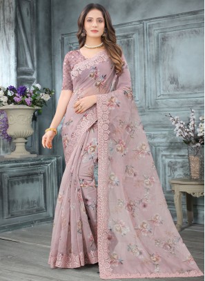 Mauve  Organza Embroidered Designer Saree