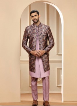 Mauve Pink Raw Silk Printed Indowestern Suit