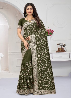 MEHANDI COLOUR CRAP SILK EMBROIDERY WORK SAREE