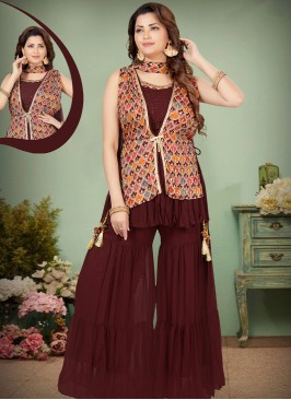 Maroon Georgette Palaazzo Set with Aari Work.