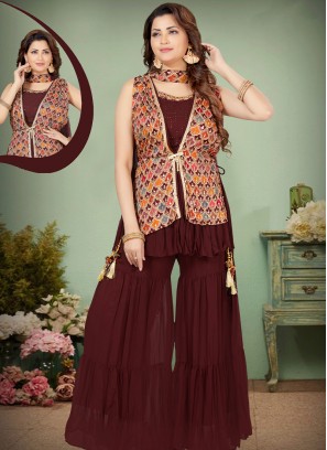 Maroon Georgette Palaazzo Set with Aari Work.