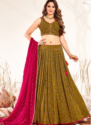 Mehndi Green Color Bandhej Print Lehenga