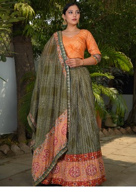 Mehndi Green Color Bandhni Print Lehenga