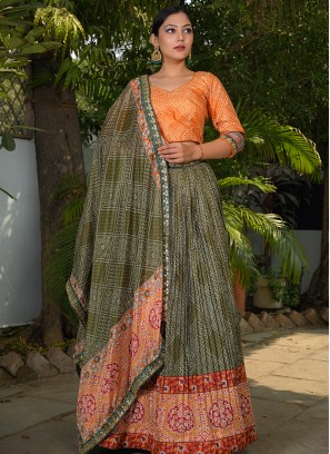 Mehndi Green Color Bandhni Print Lehenga