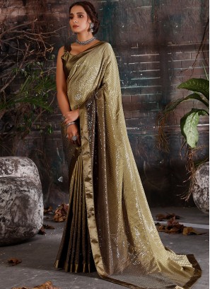 Mehndi Green Color Sequins Work Crepe Saree