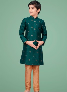 Green gicha silk Indo Western Suit for Boys.