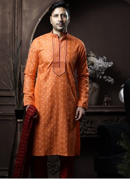 Orange Silk Kurta Pajama with Marron ArtSilk Trouser.