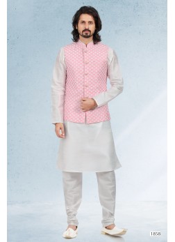 Men's Pink Ethnic Motifs Kurta & Pyjamas With Nehr