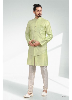 Men Pista Greeen Ethnic Motifs Kurta & Pyjamas With long Jacket