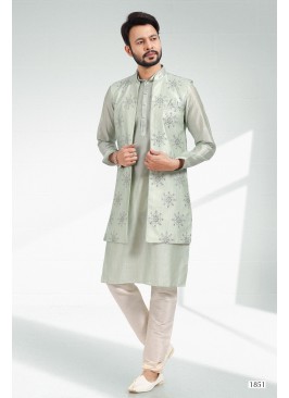 Men Pista Greeen Ethnic Motifs Kurta & Pyjamas With long Jacket