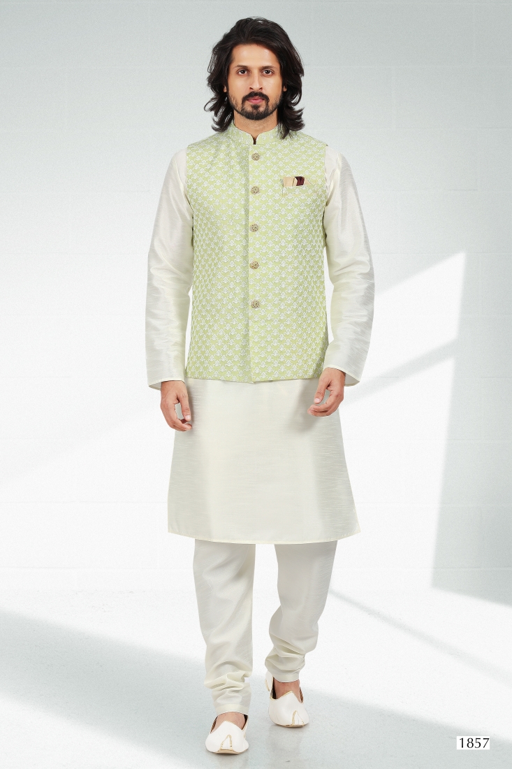 Men's Pista Green Ethnic Motifs Kurta & Pyjamas With Nehru Jacket