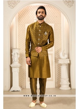 Men's Mustard Ethnic Motifs Kurta with Pyjamas & N