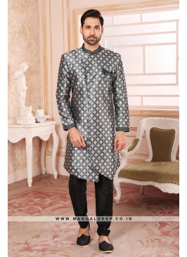 Men's Black Nawabi Indo Western Sherwani With Art 