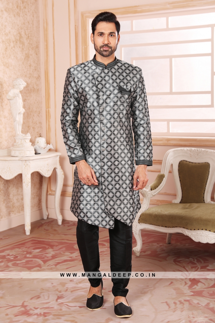 men s black nawabi indo western sherwani with art silk pant 55844