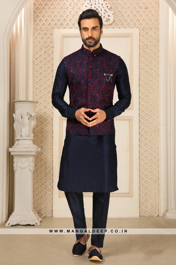 Blue nehru jacket with kurta on sale