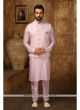 Men's Pink Ethnic Motifs Kurta with Pyjamas & Nehr