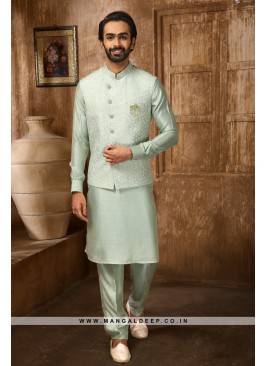 Men's Pista Green Ethnic Motifs Kurta with Pyjamas & Nehru Jacket