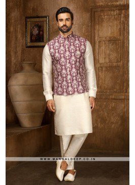 Men's Dark Onion & Cream Digital Printed Thread Work Kurta with Pyjamas & Nehru Jacket