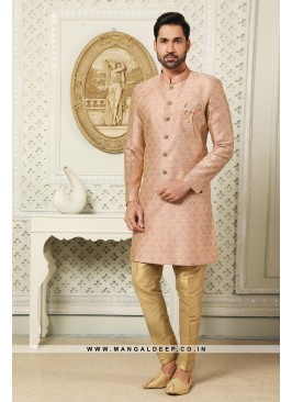 Men's Dark Peach Nawabi Indo Western Sherwani With Art Silk Pant