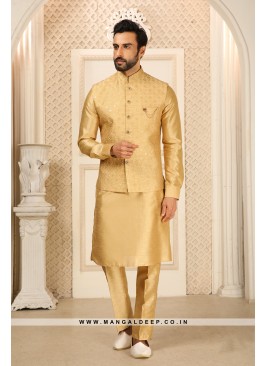 Men's Gold Ethnic Motifs Kurta with Pyjamas & Nehru Jacket