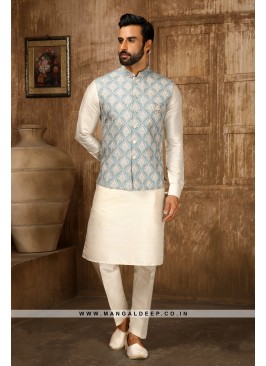 Men's Green & Cream Digital Printed Thread Work Kurta with Pyjamas & Nehru Jacket