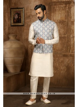 Men's Blue & Cream Digital Printed Thread Work Kur