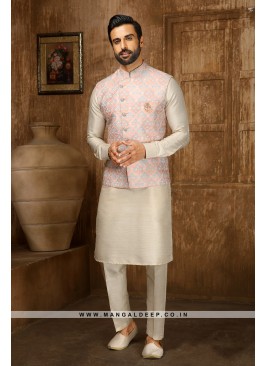 Men's Pink & Cream Digital Printed Thread Work Kur