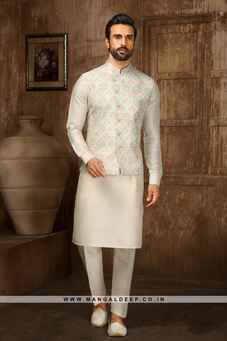 Buy Cream Plain Dhupion Silk Kurta Pajama For Ring Ceremony Online