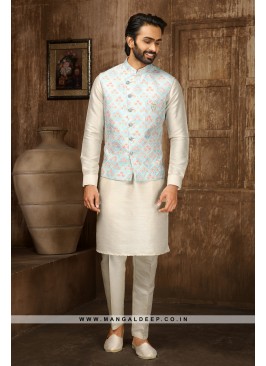 Men's Sky Blue & Cream Digital Printed Thread Work Kurta with Pyjamas & Nehru Jacket