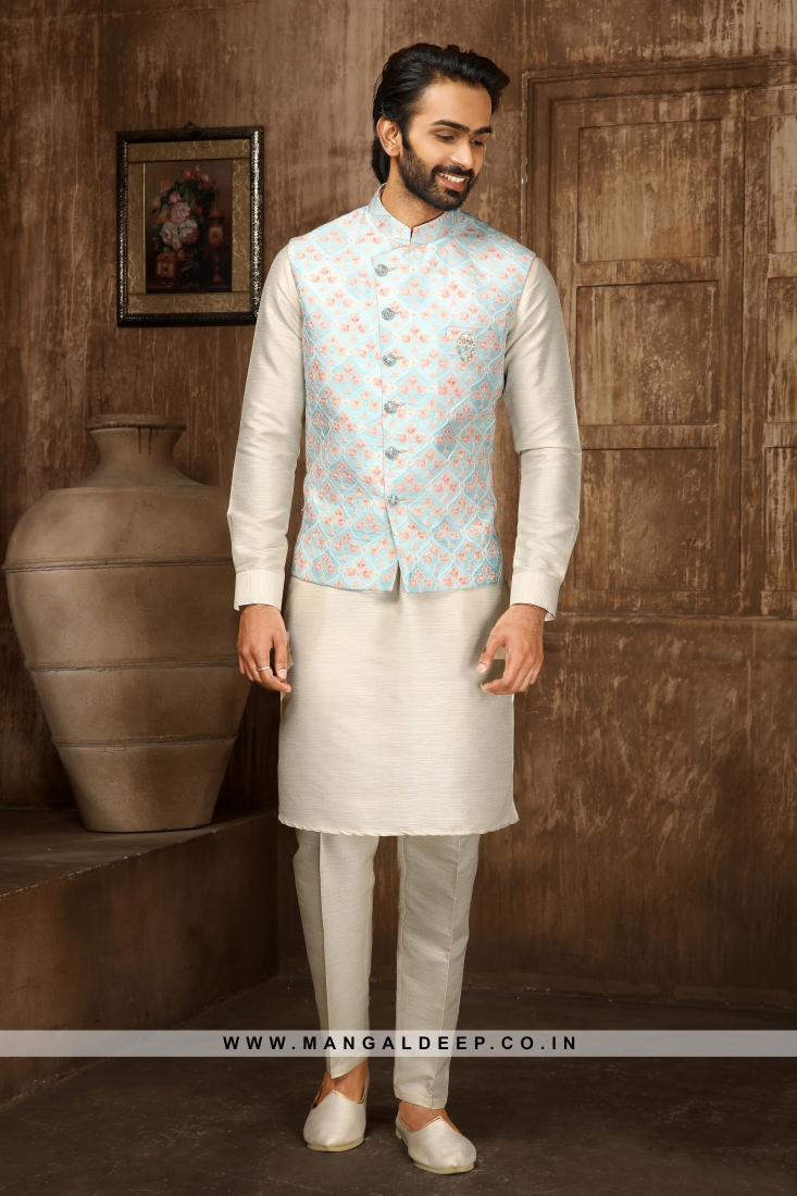 Men's Sky Blue & Cream Digital Printed Thread Work Kurta with Pyjamas & Nehru Jacket