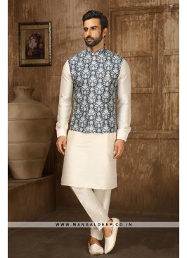 Men's Blue & Cream Digital Printed Thread Work Kurta with Pyjamas & Nehru Jacket