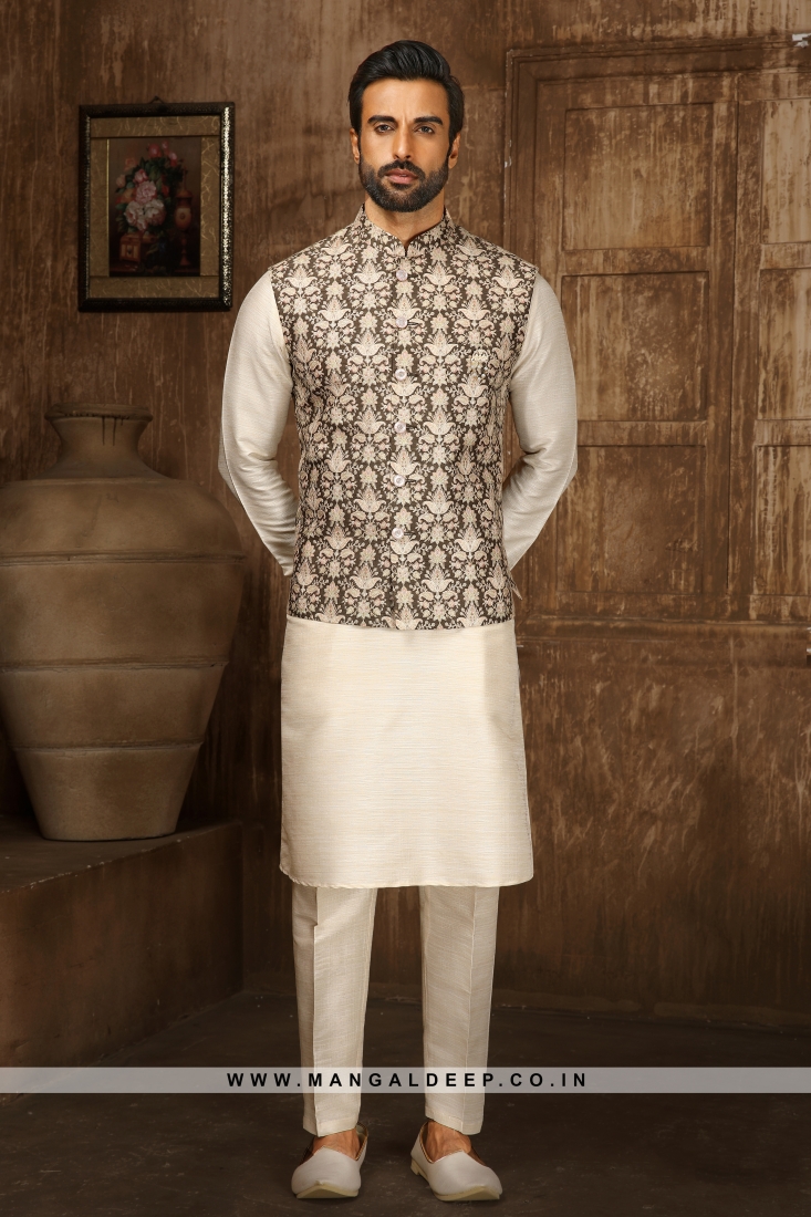 Men s Mehandi Cream Digital Printed Thread Work Kurta with Pyjamas Nehru Jacket