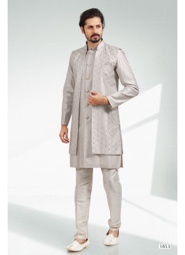 Men's Grey Ethnic Motifs Kurta & Pyjamas With long Jacket