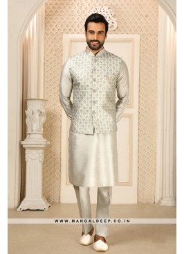 Men's Grey Ethnic Motifs Kurta with Pyjamas & Nehru Jacket