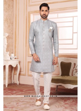 Men's Grey Nawabi Indo Western Sherwani With Art Silk Pant