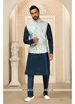 Men's Blue Ethnic Motifs Kurta with Pyjamas & Nehru Jacket