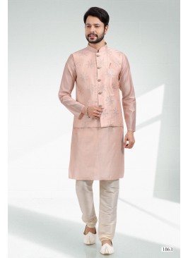 Men's Light Peach Ethnic Motifs Kurta & Pyjamas With Nehru Jacket