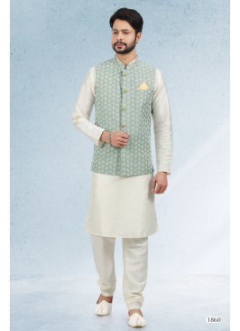 Men's Mehendi Ethnic Motifs Kurta & Pyjamas With Nehru Jacket