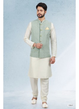 Men's Mehendi Ethnic Motifs Kurta & Pyjamas With N