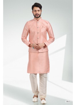 Men's Peach Ethnic Motifs Kurta & Pyjamas With Neh