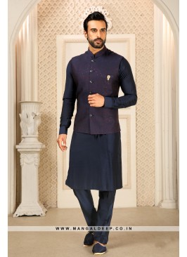 Men's Navy Blue Ethnic Motifs Kurta with Pyjamas &