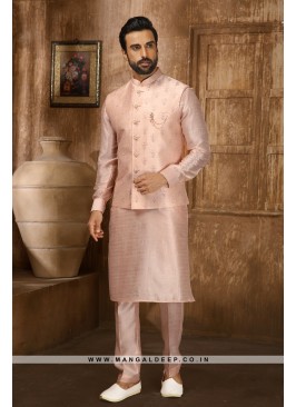 Men's Peach Ethnic Motifs Kurta with Pyjamas & Neh