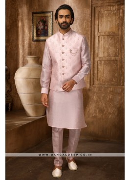 Men's Pink Ethnic Motifs Kurta with Pyjamas & Nehru Jacket