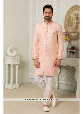 Men's Peach Nawabi Indo Western Sherwani With Art 