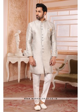 Men's Peach Nawabi Indo Western Sherwani With Art 